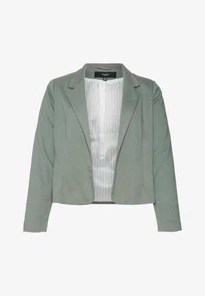 Jasnozielona marynarka wykonana z miękkiego materiału, z klasycznym klapem, przednimi kieszeniami i paskowym podszewką, zapinana na guzik.