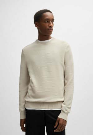Light beige knit sweater with textured pattern, round neckline, and ribbed cuffs. Suitable for casual wear, paired with dark trousers.