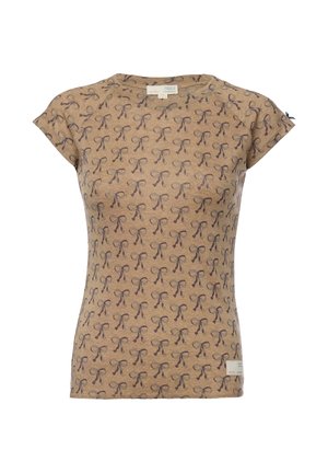 Brown short-sleeve t-shirt with a repeating bow pattern, made from soft material, featuring a round neckline and a small tag at the hem.