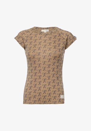 Brown short-sleeve t-shirt with a repeating bow pattern, made from soft material, featuring a round neckline and a small tag at the hem.