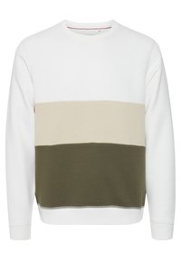 Sudadera de rayas en bloques blanca y beige con una sección inferior de color verde oliva, cuello redondo y puños y dobladillo acanalados. Tejido de algodón suave.