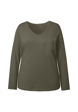 Dlouhý rukáv tričko v olivově zelené barvě, s výstřihem do V. Vyrobeno z měkké, hladké tkaniny, má běžný střih a zakulacený lem.