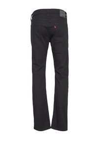 Black denim jeans with a straight-leg cut, five-pocket design, and a leather patch at the waistband. The material has a smooth texture.