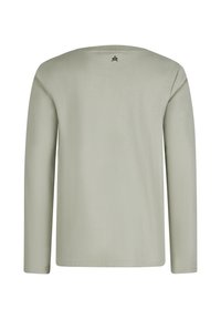 Helles grünes Langarm-T-Shirt aus glattem Material, mit einem einfachen runden Ausschnitt und einem kleinen Logo auf der Rückseite.