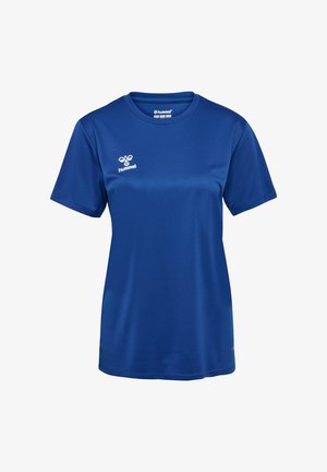 Blauw sportshirt met korte mouwen, gemaakt van gladde, ademende stof. Heeft een eenvoudig ontwerp met een klein wit logo aan de voorkant.