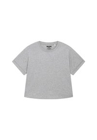 T-shirt grigia a maniche corte con scollo rotondo, dotata di un'etichetta interna con il nome del marchio "MIRA PARIS." Design semplice e casual.