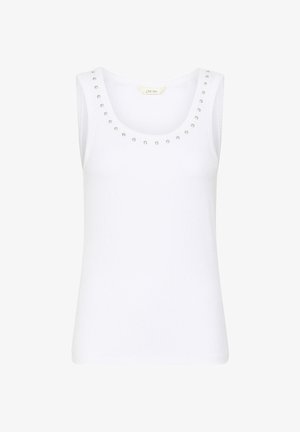 Fehér ujjatlan bordázott felső kerek nyakkivágással, apró ezüst szegecsekkel díszítve a nyakörv mentén.