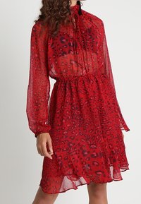 Robe rouge transparente à imprimé léopard, manches longues, col montant et taille cintrée. Ourlet évasé avec effet superposé, texture légère.