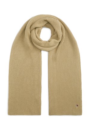 Écharpe tricotée beige avec une texture côtelée pliée en boucle, avec un petit logo rectangulaire près d'une extrémité.
