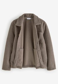 Fleecejacke in Braun mit Stehkragen, Fronttaschen und weicher Textur. Offene Vorderseite ohne sichtbare Verschlüsse.