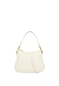 Borsa in pelle bianca con forma curva, dettagli in metallo dorato e un manico singolo con tracolla regolabile. Design semplice e texturizzato.