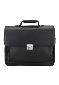 Maletín de cuero negro con cierre de solapa, herrajes en plata y asa superior. Presenta una textura suave y sutiles detalles de costura.