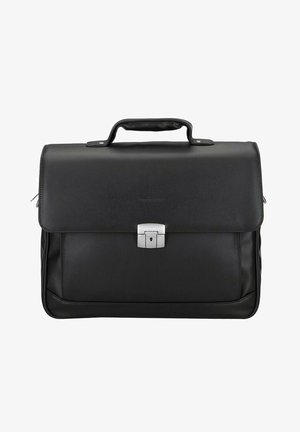 Zwarte leren zakelijke tas met een klep sluiting, zilveren hardware en een handvat bovenaan. Heeft een gladde textuur en subtiele stikdetails.