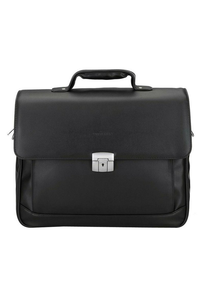 Maletín de cuero negro con cierre de solapa, herrajes en plata y asa superior. Presenta una textura suave y sutiles detalles de costura.