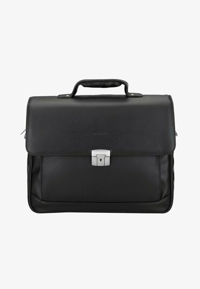 Maletín de cuero negro con cierre de solapa, herrajes en plata y asa superior. Presenta una textura suave y sutiles detalles de costura.