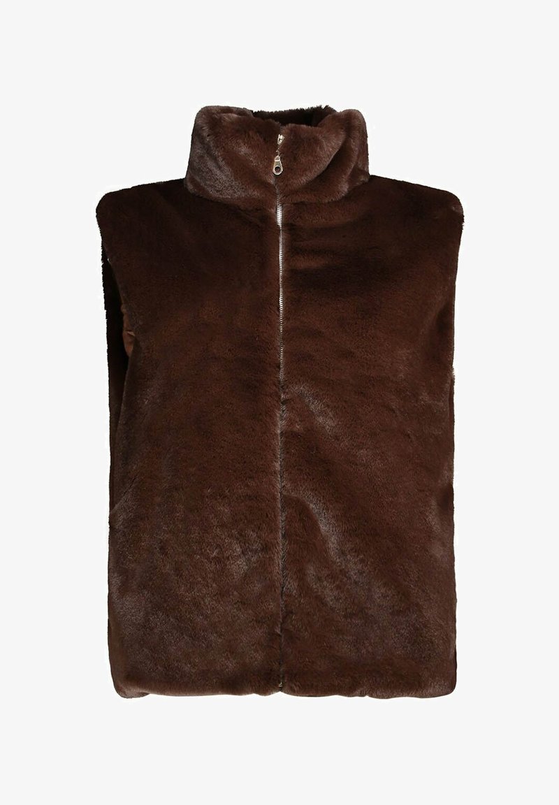 Bruine nepbonten gilet met een hoge kraag, ritssluiting aan de voorkant en mouwloos ontwerp. Zachte textuur met een gladde afwerking.