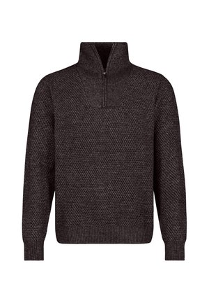Dark gray knitted pullover with long sleeves, ribbed cuffs and hem, and a short zipper on the high collar.