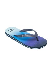 Sinivio ja violetin välinen liukuväri flip-flop, jossa on tekstuuri pinta, mustat kumit strapsit ja valkoinen "Billabong"-logo jalkapohjassa.