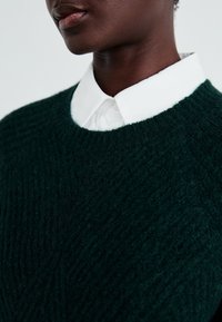 Primo piano di una persona che indossa un maglione verde scuro dallo stile tessuto sopra una camicia bianca con colletto, mettendo in risalto il collo e la mascella.