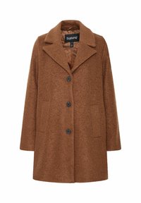 Bruine jas van een wolmix met reverskraag, drie zwarte knopen aan de voorkant, twee zijzakken en een gladde binnenvoering.