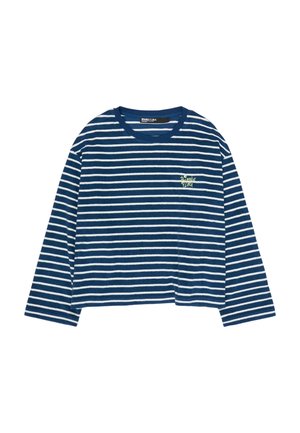 Granatowa koszula z długim rękawem z białymi poziomymi paskami i małym żółto-zielonym napisem na lewej piersi: "Bimba y Lola."