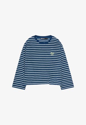 Granatowa koszula z długim rękawem z białymi poziomymi paskami i małym żółto-zielonym napisem na lewej piersi: "Bimba y Lola."