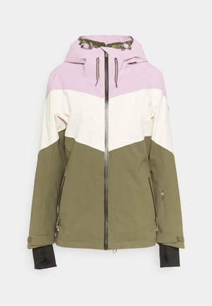 Zimní bunda s kapucí v růžových, bílých a olivově zelených barevných blocích, předním zipem, kapsami na zip a manžetami s otvory pro palce.