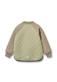 Veste bomber matelassée en vert clair et beige. Présente un col et des poignets côtelés, avec un détail de logo circulaire près de l'ourlet.