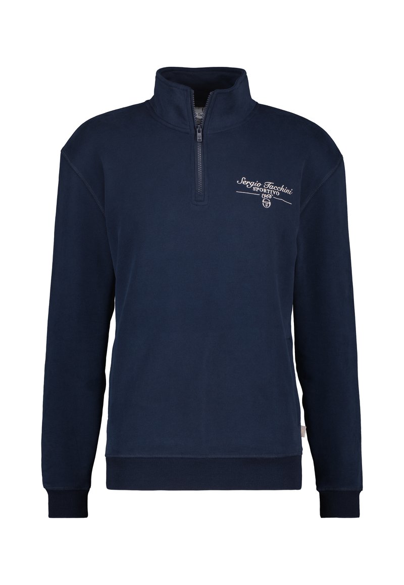 Marineblauwe fleece pullover met hoge kraag en half-ritssluiting. Kenmerkt zich door witte geborduurde branding op de borst, geribde manchetten en zoom.