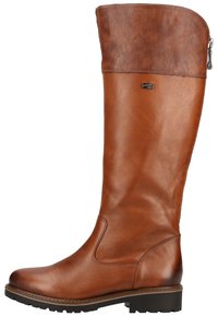 Botte en cuir marron, haute, avec une tige texturée, une partie inférieure lisse, une fermeture éclair sur le côté et une semelle en caoutchouc robuste.