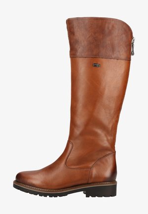 Botte en cuir marron, haute, avec une tige texturée, une partie inférieure lisse, une fermeture éclair sur le côté et une semelle en caoutchouc robuste.