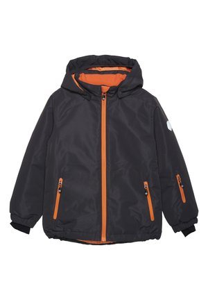 Black insulated jacket with a hood, orange lining, and zippers. Features two side pockets with orange accents and elastic cuffs.