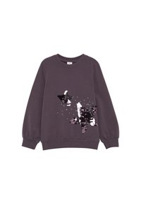Paarse sweatshirt met lange mouwen, met een pailletten ster ontwerp in zwart, zilver en wit op de voorkant. Zachte textuur.