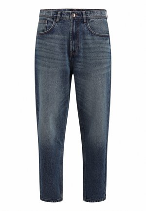 Dark blue denim jeans with a high waist, straight leg design, subtle faded sections, and classic five-pocket styling. Silver button closure.