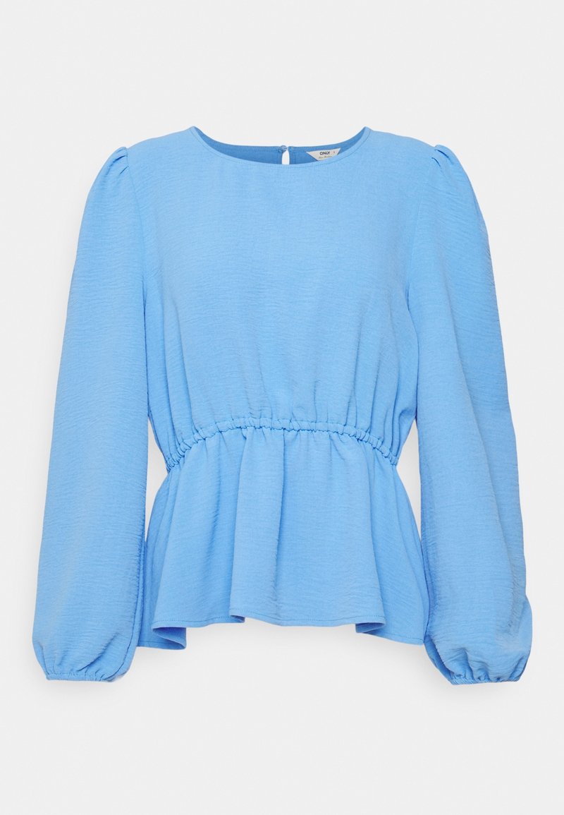 Light blue blouse with long, puff sleeves, gathered waist, and a peplum hem. Textured fabric with back button closure. Round neckline.