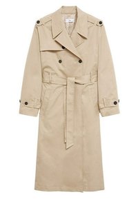 Beżowy płaszcz trenczowy wykonany z tkaniny, z podwójnymi czarnymi guzikami, paskiem w talii, bocznymi kieszeniami oraz klasycznym wzorem kołnierza.