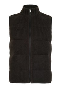 Mörkbrun stickad vadderad ärmlös väst med hög ribbad krage och framsidig dragkedjestängning.