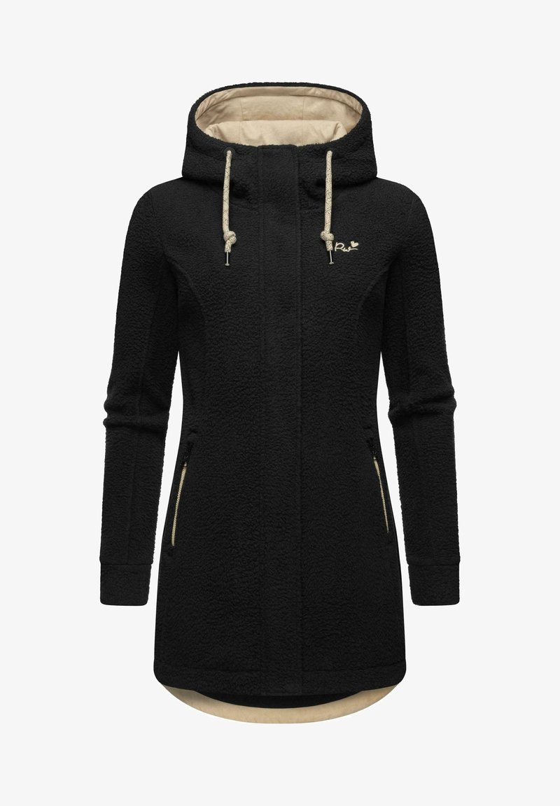 Giacca in pile nera con cappuccio, dettagli in zip dorati e fodera beige. Presenta tasche laterali e un design leggermente allungato sul retro.