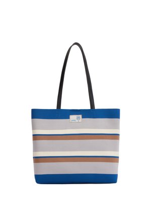 Borsa a tracolla a righe con bande orizzontali blu, grigie, crema e marroni, manici neri e una piccola toppa con logo di palma vicino al centro superiore.