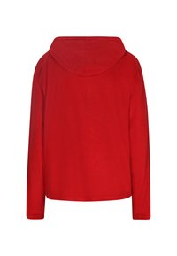 Felpa rossa con cappuccio, a maniche lunghe, realizzata in materiale morbido. Presenta un cappuccio arrotondato e un orlo dritto. Nessun motivo o accento visibile.