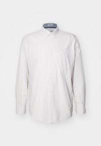 Light-colored long-sleeve shirt with thin vertical stripes. Features a button-down collar and a chest pocket. Made of a textured fabric.