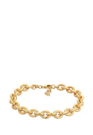 Gold metal chain bracelet with rounded links, polished texture, and a secure clasp. Features an adjustable chain for fit.