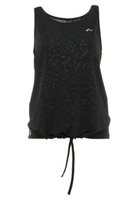 Czarny top na ramiączkach z delikatnym teksturowanym wzorem, zaokrąglonym dekoltem i regulowanym sznurkiem w talii. Z akcentem logo.