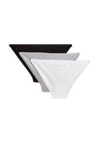 Trois paires de sous-vêtements pour femmes en noir, gris et blanc. Chaque paire présente une texture lisse et un design classique de culotte avec des ceintures élastiques.