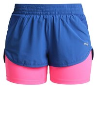 Idrottsshorts med ett blått ytterlager och en rosa innershorts. Har en elastisk midja, andningsbart tyg och sidokuttar.
