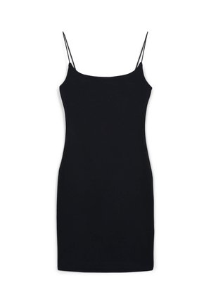 Abito nero senza maniche realizzato in tessuto liscio. Caratterizzato da spalline sottili, una silhouette aderente e un design al ginocchio. Senza motivi o decorazioni.
