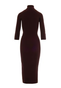Abito rigato color bordeaux con colletto alto, maniche lunghe e silhouette aderente, che arriva fino al ginocchio. Tessuto liscio e design senza cuciture.