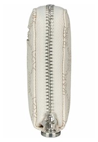 White fabric wallet featuring a textured floral pattern, silver zipper, and circular metallic base for stability.