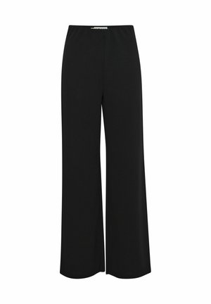 Black wide-leg pants with an elastic waistband, made of a smooth, lightweight fabric, featuring clean lines and no visible fasteners or patterns.
