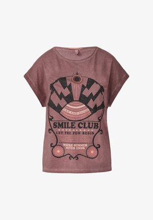 Lila katoen T-shirt met brede mouwen, voorzien van een grafische afdruk in donkere kleuren, inclusief "Smile Club" en decoratieve elementen.